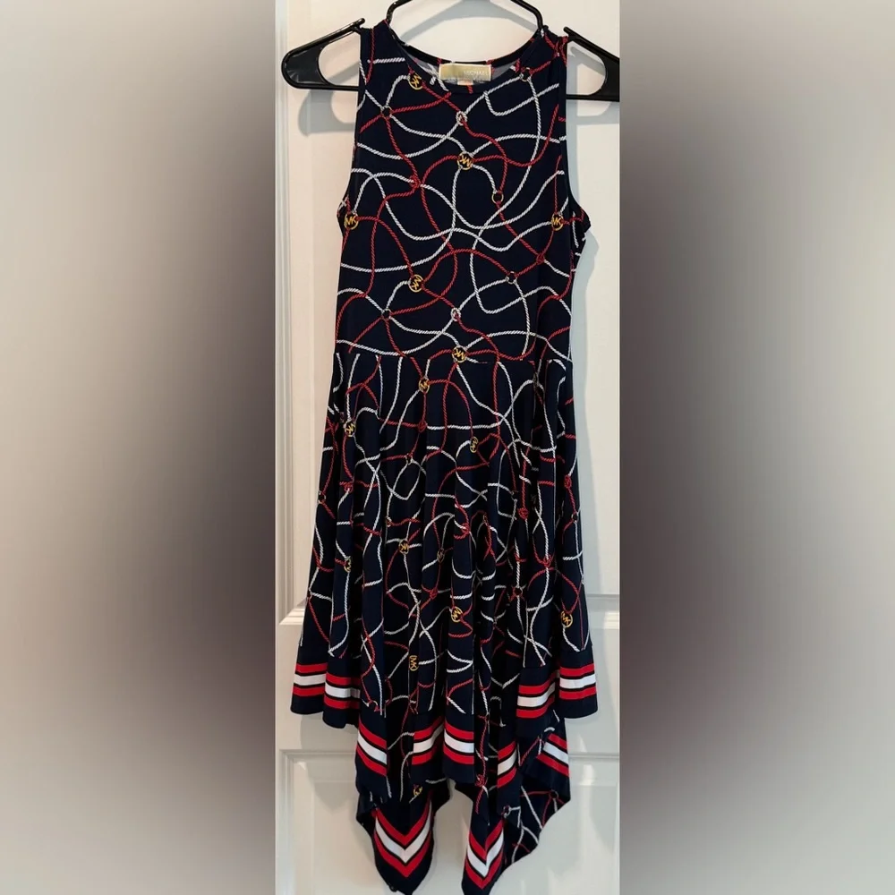 Michael Michael Kors Rope Print Handkerchief Hem Sleeveless Dress Navy Red XSP